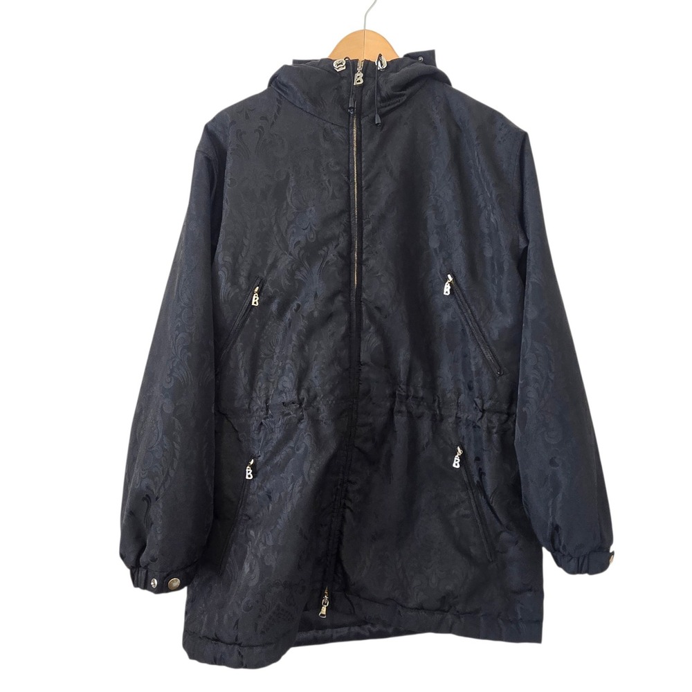 Vintage Bogner Sport Womens 10 Black Jacquard Hooded Parka Coat Made USA
